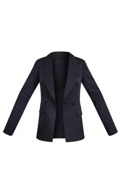 PrettyLittleThing Woven Pocket Detail Double Breasted Blazer Black