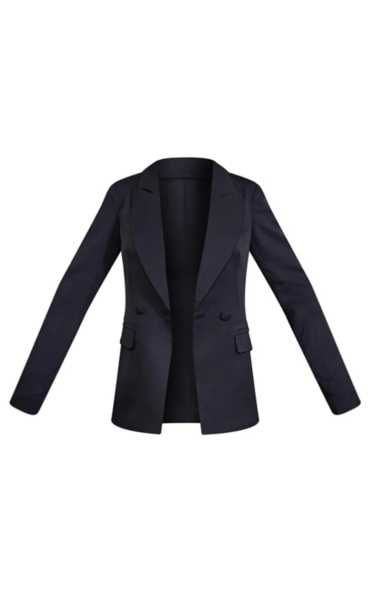 PrettyLittleThing Woven Pocket Detail Double Breasted Blazer Black