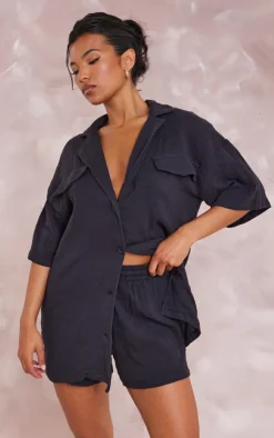 New PrettyLittleThing Woven Pocket Detail Short Sleeved Oversized Shirt Black