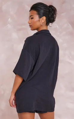 New PrettyLittleThing Woven Pocket Detail Short Sleeved Oversized Shirt Black