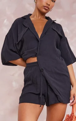 New PrettyLittleThing Woven Pocket Detail Short Sleeved Oversized Shirt Black