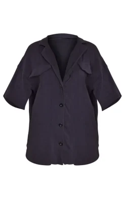 New PrettyLittleThing Woven Pocket Detail Short Sleeved Oversized Shirt Black