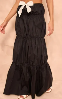 Discount PrettyLittleThing Woven Ruched Asymmetric Bow Detail Maxi Skirt Black