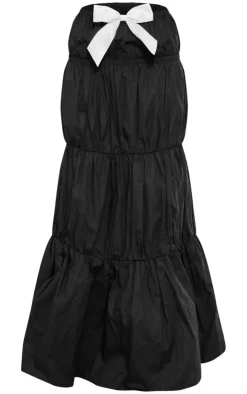 Discount PrettyLittleThing Woven Ruched Asymmetric Bow Detail Maxi Skirt Black