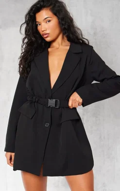 Woven Ruched Belt Blazer Dress-PrettyLittleThing Discount