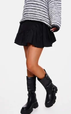 Sale PrettyLittleThing Woven Ruched Panel Detail Skater Skirt Black