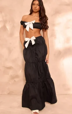 PrettyLittleThing Woven Ruched Short Sleeve Bow Detail Bralet Black