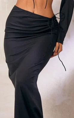 PrettyLittleThing Woven Ruched Tie Front Maxi Skirt Black