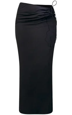 PrettyLittleThing Woven Ruched Tie Front Maxi Skirt Black