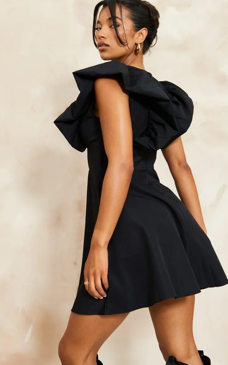 Woven Ruffle Sleeve Plunge Pleated Belt Shift Dress-PrettyLittleThing Outlet
