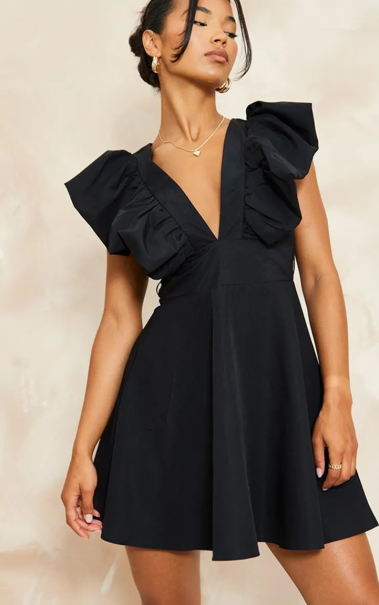 Woven Ruffle Sleeve Plunge Pleated Belt Shift Dress-PrettyLittleThing Outlet