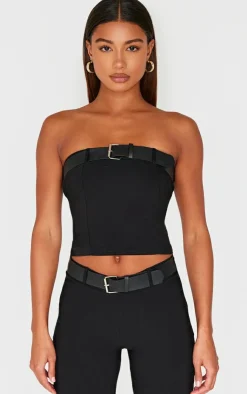 Outlet PrettyLittleThing Woven Stretch Belted Bandeau Top Black