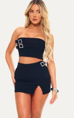 Hot PrettyLittleThing Woven Stretch Tailored Bandeau Buckle Top Black