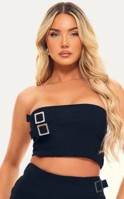 Hot PrettyLittleThing Woven Stretch Tailored Bandeau Buckle Top Black