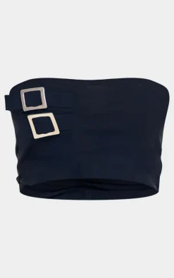 Hot PrettyLittleThing Woven Stretch Tailored Bandeau Buckle Top Black