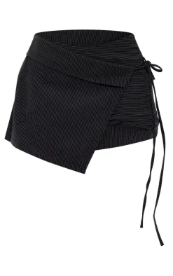 Online PrettyLittleThing Woven Tailored Asymmetric Pinstripe Micro Mini Skort Black