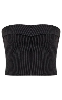 Clearance PrettyLittleThing Woven Tailored Asymmetric Pinstripe Bandeau Top Black