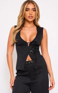Outlet PrettyLittleThing Woven Tailored Belt Detail Vest Black