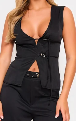 Outlet PrettyLittleThing Woven Tailored Belt Detail Vest Black