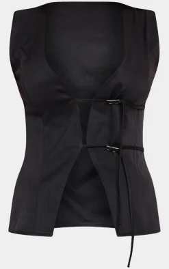 Outlet PrettyLittleThing Woven Tailored Belt Detail Vest Black