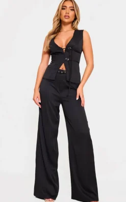 PrettyLittleThing Woven Tailored Belt Detail Wide Leg Pants Black