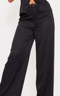PrettyLittleThing Woven Tailored Belt Detail Wide Leg Pants Black