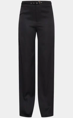 PrettyLittleThing Woven Tailored Belt Detail Wide Leg Pants Black