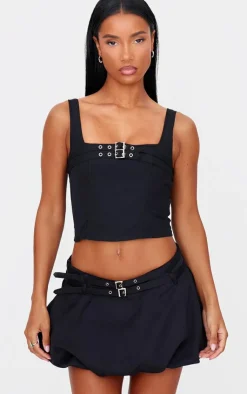 PrettyLittleThing Woven Tailored Belt Detail Crop Top Black