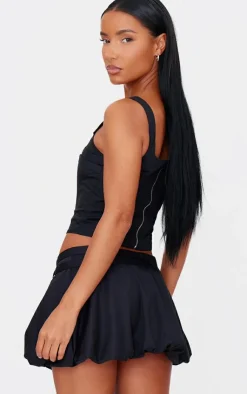 PrettyLittleThing Woven Tailored Belt Detail Crop Top Black