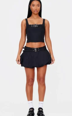 PrettyLittleThing Woven Tailored Belt Detail Crop Top Black