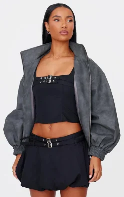 PrettyLittleThing Woven Tailored Belt Detail Crop Top Black