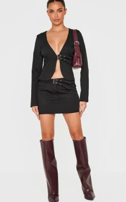 Hot PrettyLittleThing Woven Tailored Belt Detail Micro Mini Skirt Black