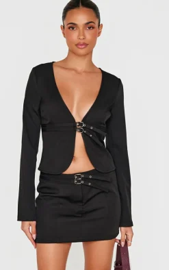 Hot PrettyLittleThing Woven Tailored Belt Detail Micro Mini Skirt Black