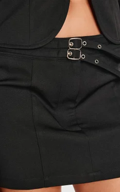 Hot PrettyLittleThing Woven Tailored Belt Detail Micro Mini Skirt Black