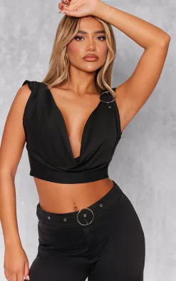 Outlet PrettyLittleThing Woven Tailored Cowl Neck Ring Detail Top Black