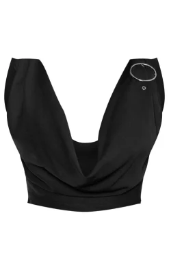 Outlet PrettyLittleThing Woven Tailored Cowl Neck Ring Detail Top Black