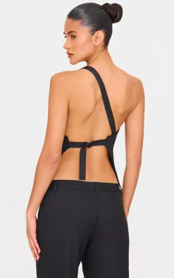 Online PrettyLittleThing Woven Tailored One Shoulder Long Top Black