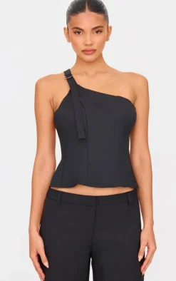 Online PrettyLittleThing Woven Tailored One Shoulder Long Top Black