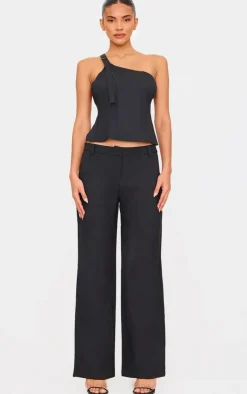 Online PrettyLittleThing Woven Tailored One Shoulder Long Top Black