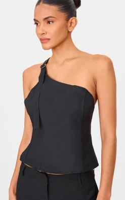 Online PrettyLittleThing Woven Tailored One Shoulder Long Top Black