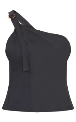 Online PrettyLittleThing Woven Tailored One Shoulder Long Top Black