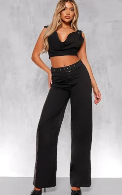 Clearance PrettyLittleThing Woven Tailored Ring Belt Detail Wide Leg Pants Black