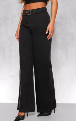 Clearance PrettyLittleThing Woven Tailored Ring Belt Detail Wide Leg Pants Black