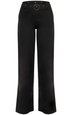 Clearance PrettyLittleThing Woven Tailored Ring Belt Detail Wide Leg Pants Black