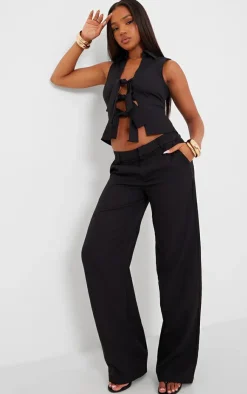 Sale PrettyLittleThing Woven Tailored Straight Leg Mid Rise Pants Black