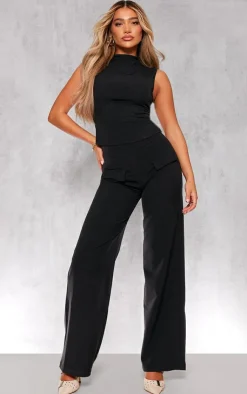 Discount PrettyLittleThing Woven Tailored Wide Leg Pocket Detail Pants Black