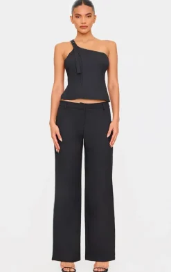PrettyLittleThing Woven Tailored Wide Leg Belt Detail Pants Black