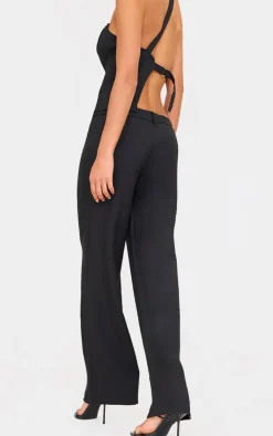 PrettyLittleThing Woven Tailored Wide Leg Belt Detail Pants Black