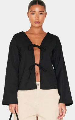 PrettyLittleThing Shirts*Woven Tie Front Flared Sleeve Shirt