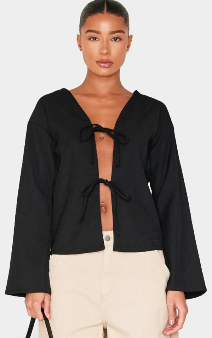 PrettyLittleThing Shirts*Woven Tie Front Flared Sleeve Shirt